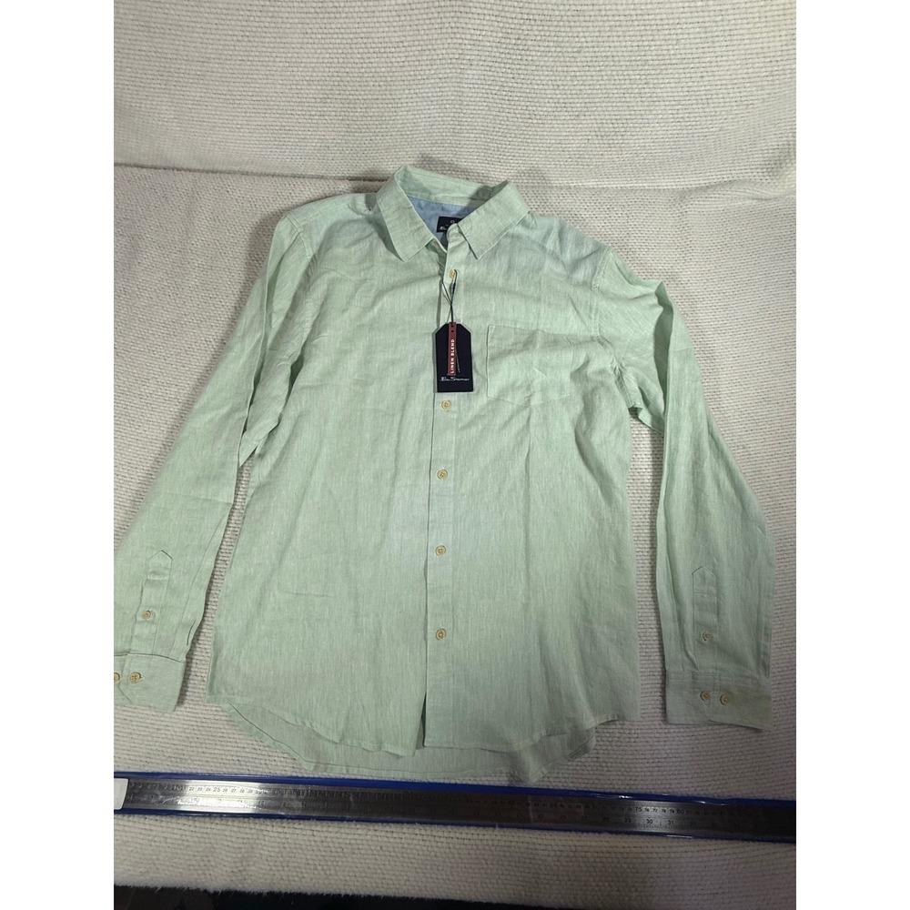 Ben Sherman Mens Linen Blend Button Down Shirt Eggshell Green BS13LW295 L